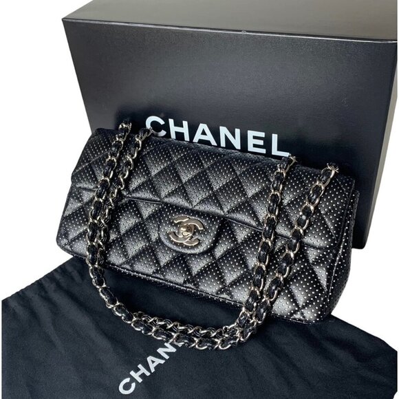 Chanel East West Classic Shoulder Flap Bag Black Quilted Perforated Leather - Picture 2 of 16